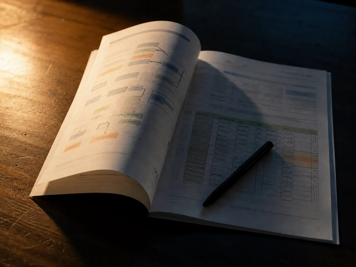 Documento impreso del Blueprint abierto sobre un escritorio, con diagramas de proceso y tablas anotadas.