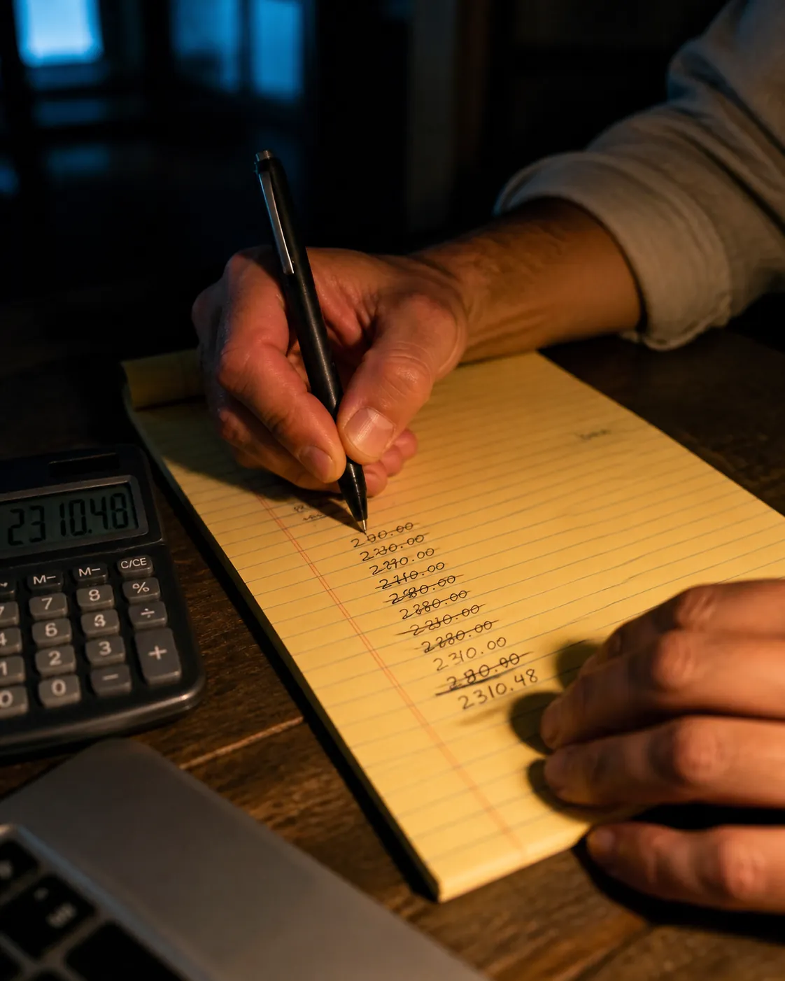 Manos anotando cifras a mano en una libreta junto a una calculadora y un portátil.