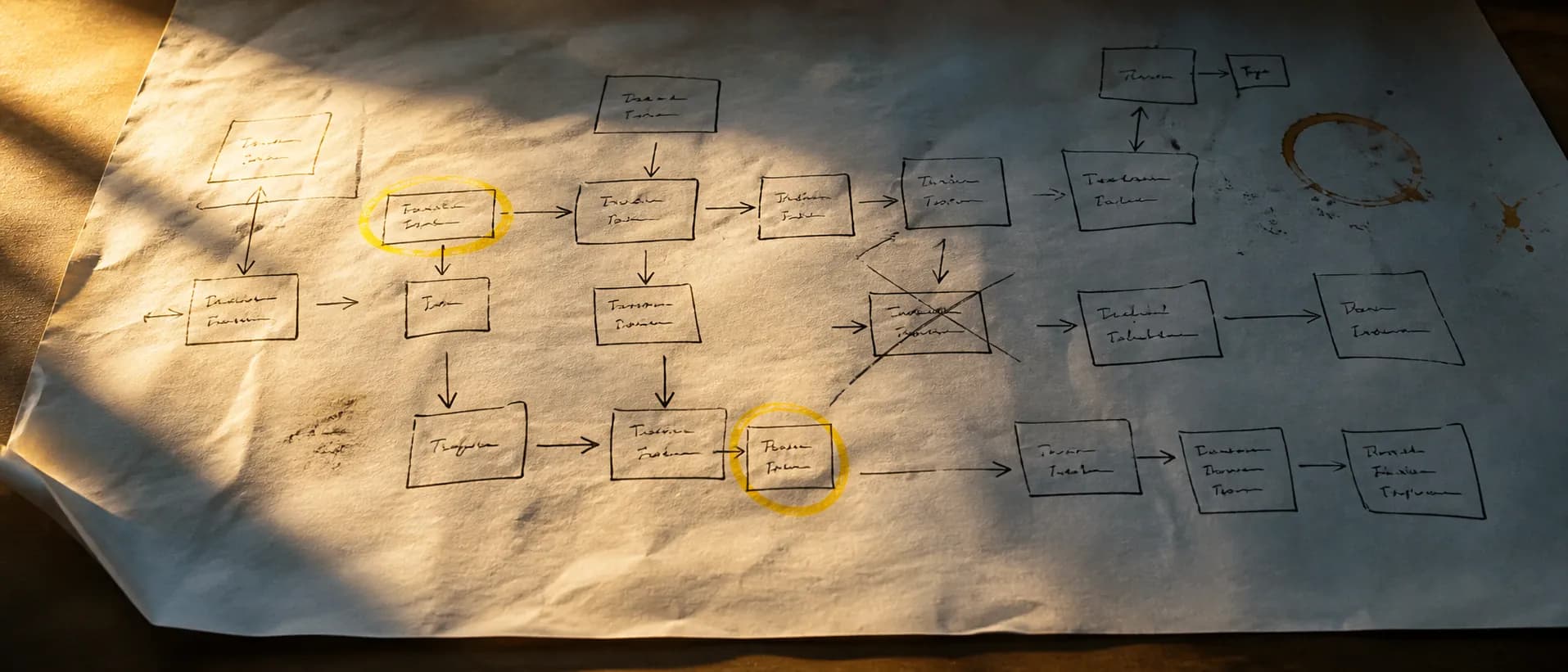Diagrama de proceso dibujado a mano sobre papel grande, con dos pasos resaltados en amarillo.