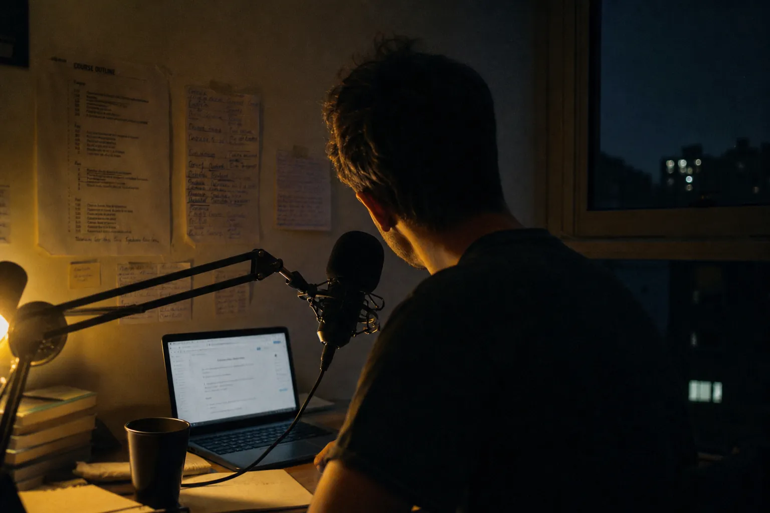Creador de cursos grabando una lección de noche en su oficina en casa.