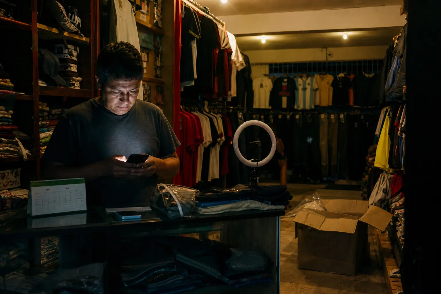 Dueño de una tienda de ropa respondiendo un mensaje desde el mostrador, de noche.