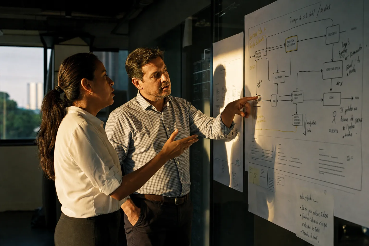 Dos profesionales discutiendo frente a una pared de vidrio cubierta de diagramas de proceso anotados.
