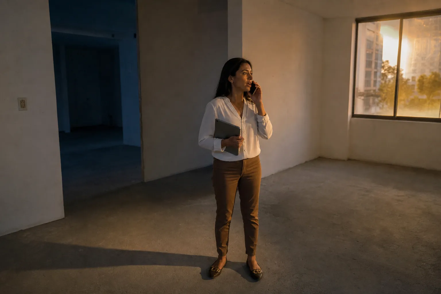 Agente inmobiliaria atendiendo una consulta por teléfono dentro de un apartamento vacío al atardecer.